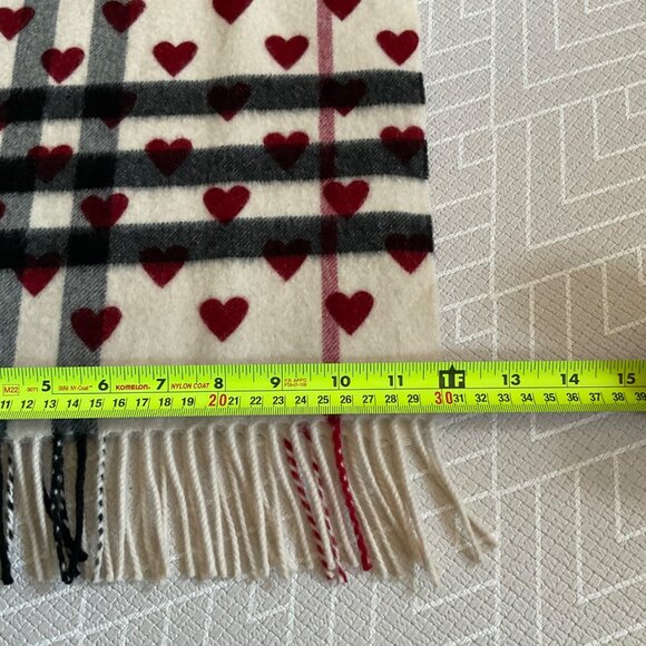 RARE BURBERRY Beige black red heart 100% CASHMERE PLAID CHECK SCARF - Picture 2 of 6